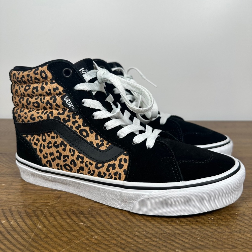 Vans Sk8-Hi Leopard Print Womens 7 Black Tan High Top Skate Sneakers Suede Y2K